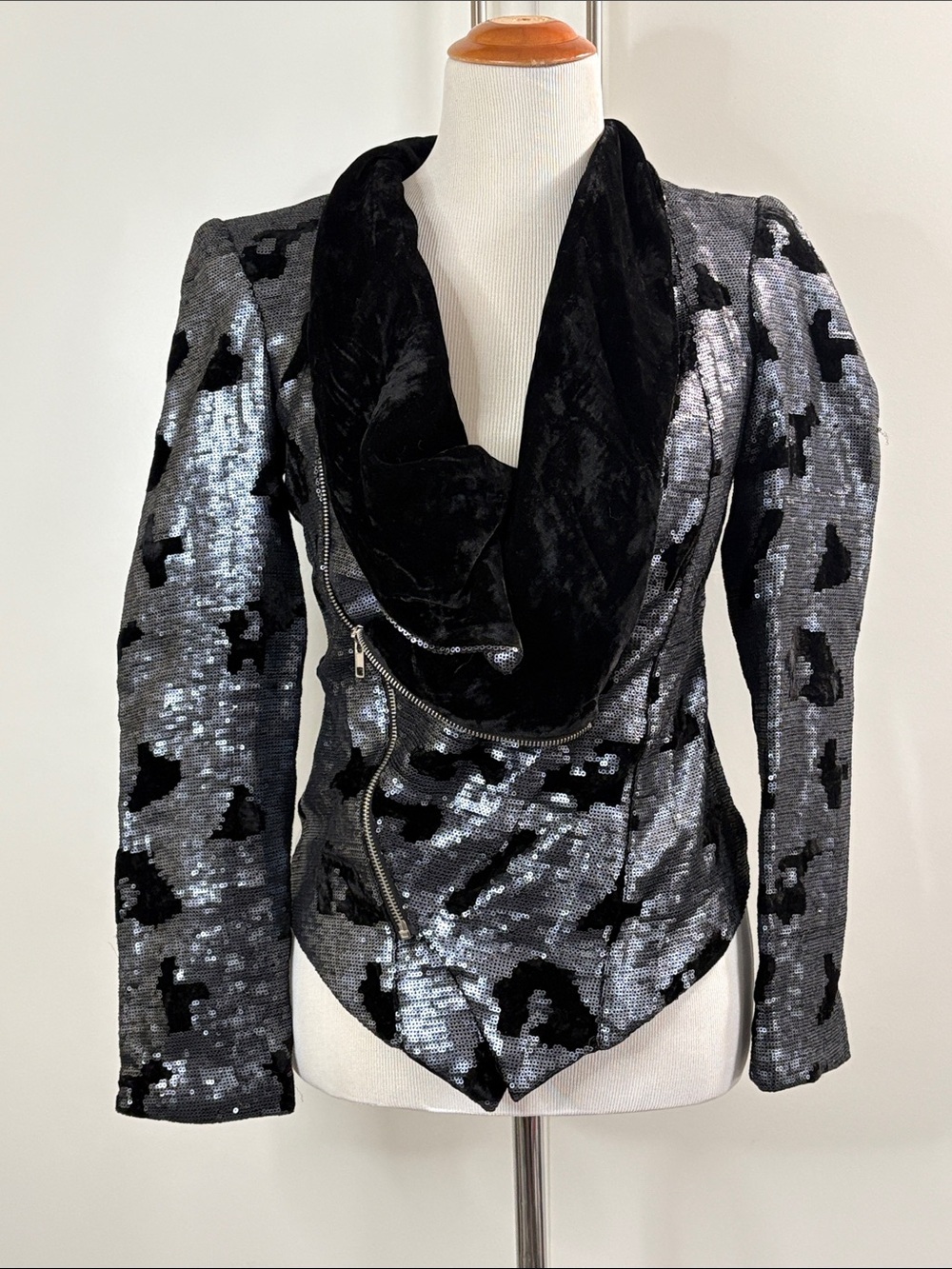 Kardashian Kollection Black Velvet & Silver Sequin Draped Collar Moto Zip Jacket